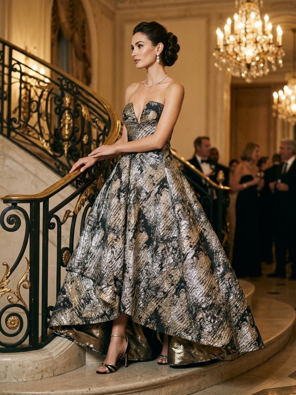RUBIN SINGER Strapless Metallic Black and Gold Evening Ball Gown